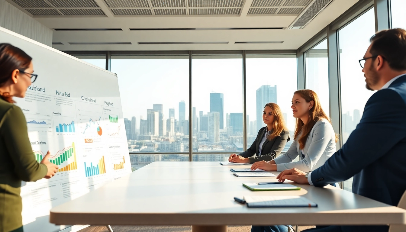 Team conducting a bid no bid analysis in a modern office environment with strategy notes.