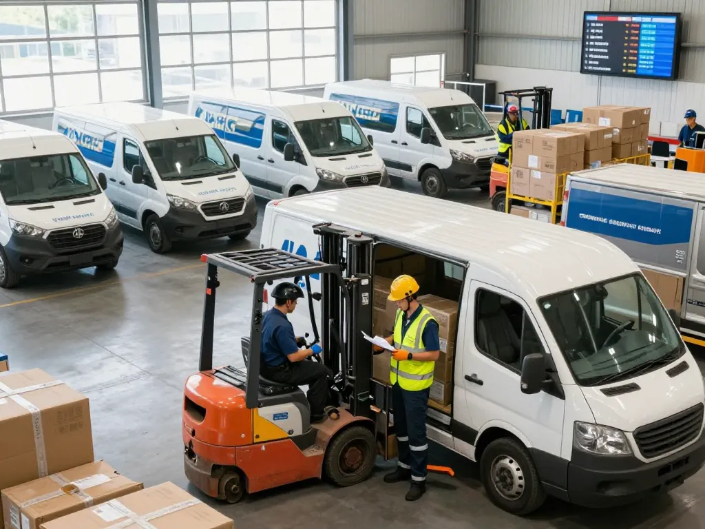 Transport solutions with tracked vehicles and logistics professionals in an active warehouse environment.