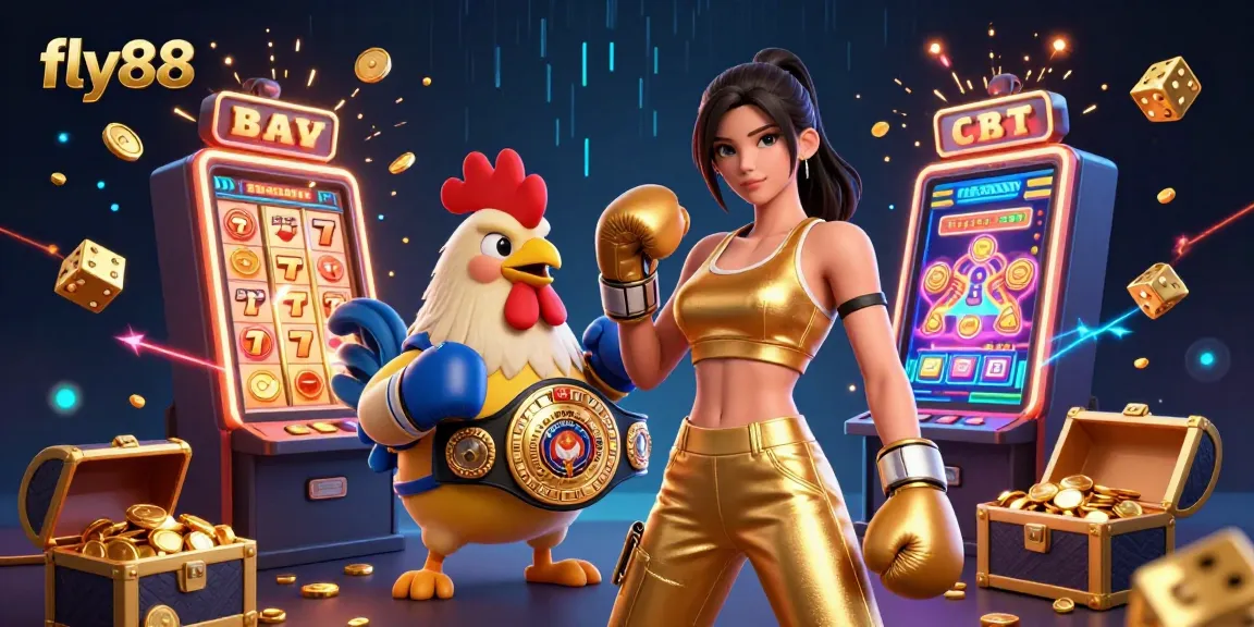 Experience the excitement of fly88 with jackpots, games, and action in this vibrant casino illustration.