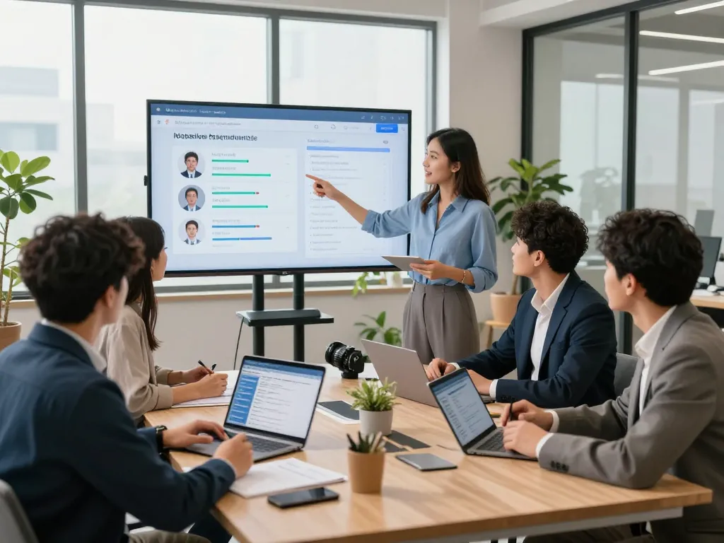HR professionals collaborating over AI phone interviewer metrics in a modern recruitment office.