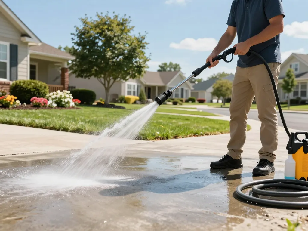 Driveway cleaning Atlanta with a professional using a pressure washer in a bright neighborhood.