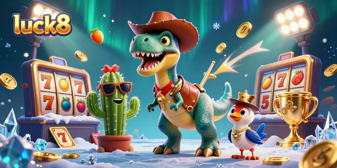 Engage with luck8's dynamic gaming scene featuring T-Rex and friends amidst slot reels and jackpots.