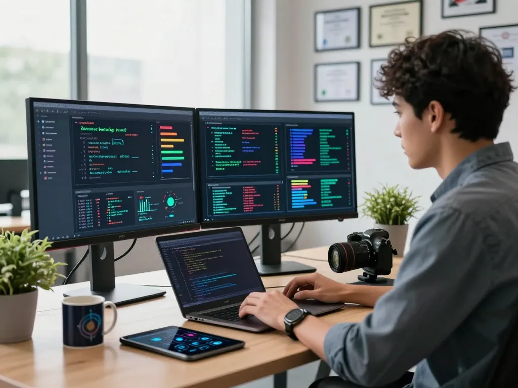 Cybersecurity analyst working on zero knowledge proof definition in a modern office workspace with dual monitors.