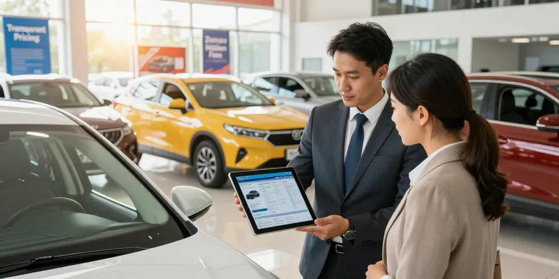 Couple reviewing the best car history check UK report with sales representative at dealership.