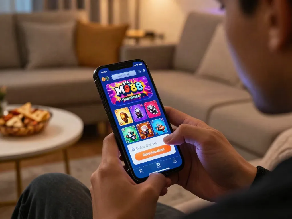 Experience thrilling gaming with M88 link mobile on a smartphone in a cozy atmosphere, showcasing vibrant graphics and user engagement.