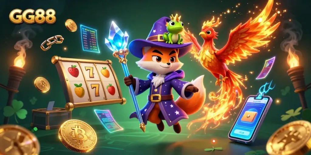 Experience excitement with GG88's captivating online slots and casino games in a magical 3D scene.