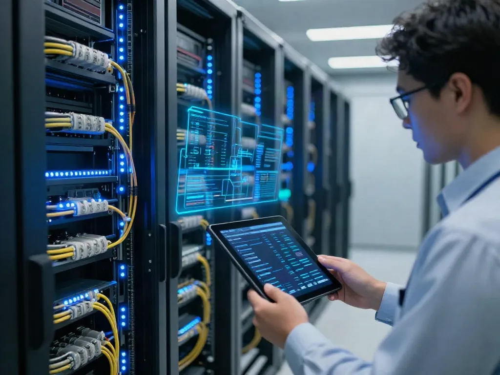Host configuration review in a modern data center with illuminated server racks and security monitoring.