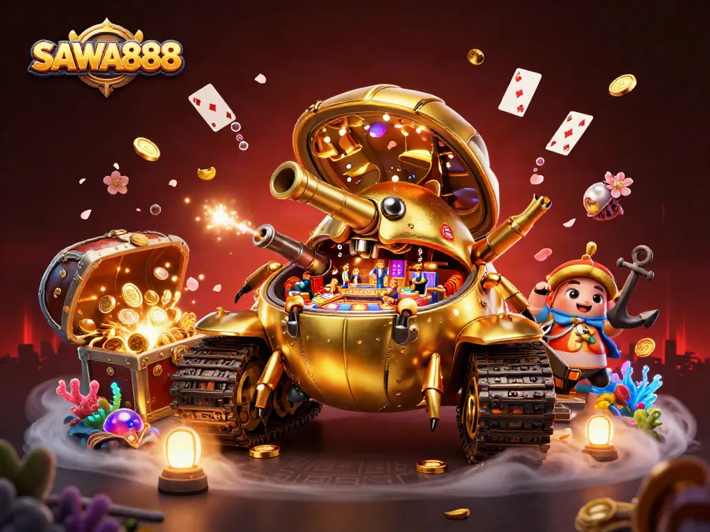 SAWA888 casino beetle tank reveals a vibrant gaming world with confetti and treasures.