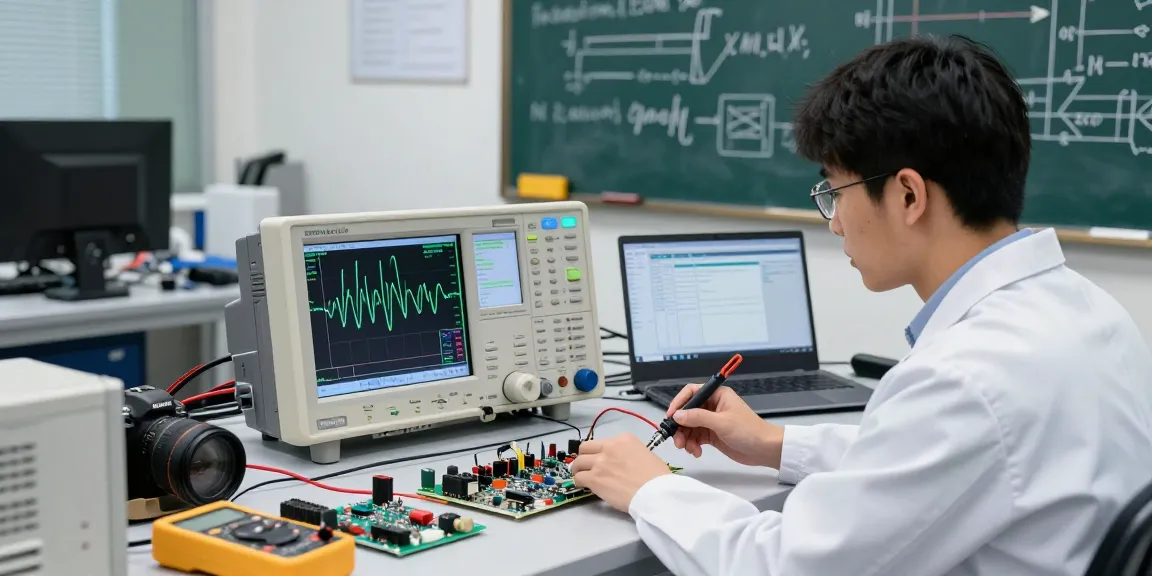 Engineer analysing signals on a Benchtop Oscilloscope, Digital oscilloscope in a professional lab environment.