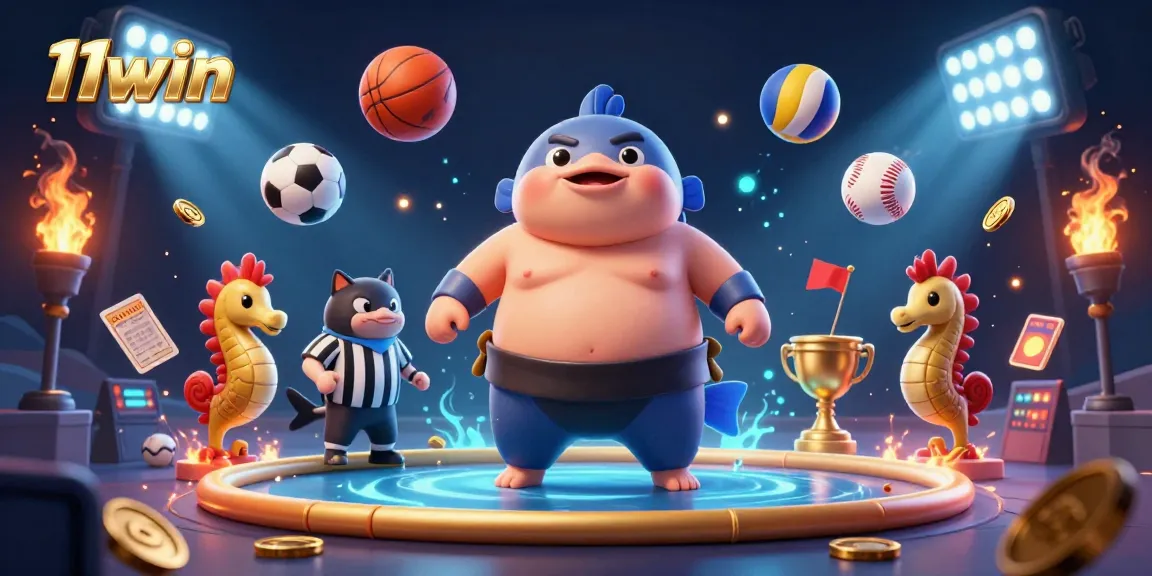 Engage with 11win as a fugu sumo champion in a vibrant underwater sports showdown.