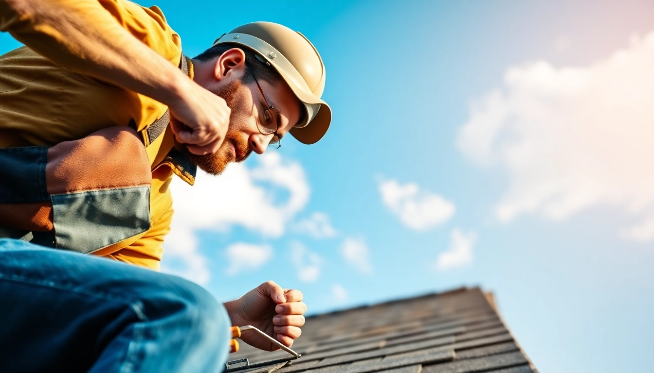 Roofing contractor inspecting shingles on a residential roof showing attention to detail.