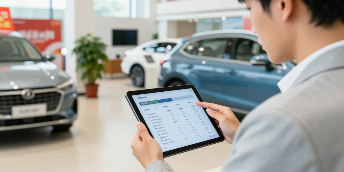 Buyer checking the best car history check UK report on a tablet in a bright showroom.
