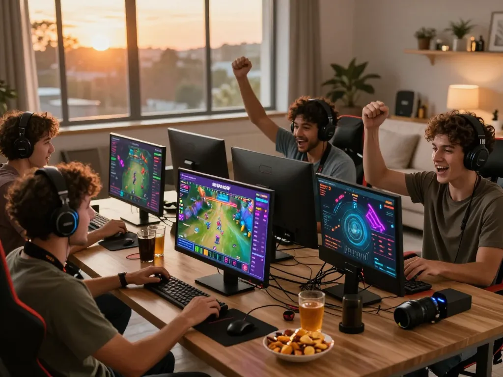 Diverse friends enjoying a sun win gaming session at home, lively and inviting atmosphere.