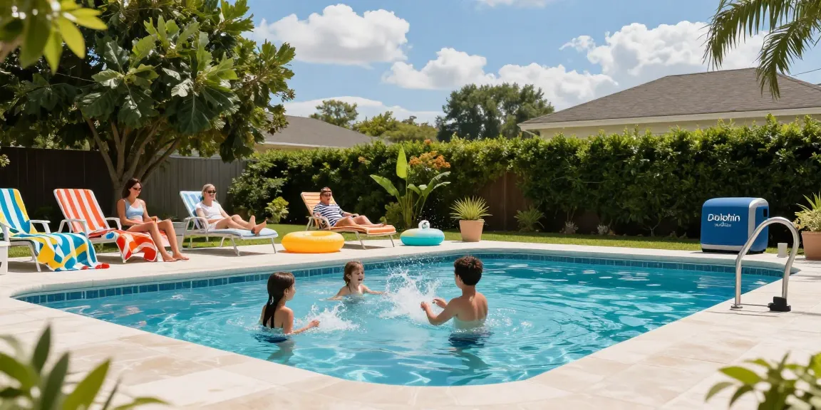 Dolphin Pool Services maintaining a joyful family pool day with clear water and vibrant atmosphere.