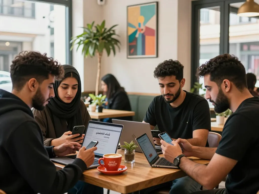 Engaging conversations on شات فلسطين at a lively café with young Palestinians connecting over coffee.