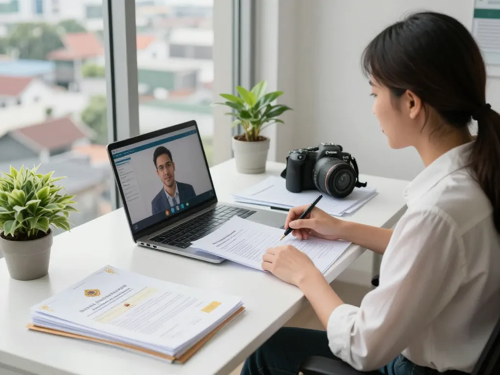 Translation Services in Chiang Mai office with professional translator at work, multilingual documents, and client engagement.