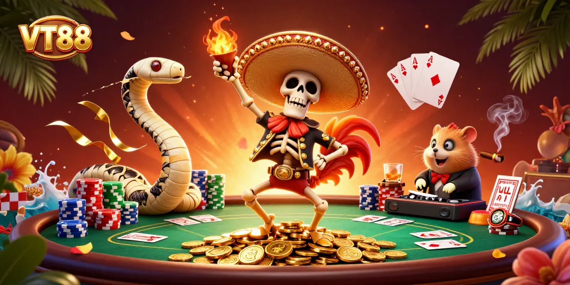 VT88 showcases a vibrant casino scene featuring a mariachi rooster dancing on coins, embodying excitement.
