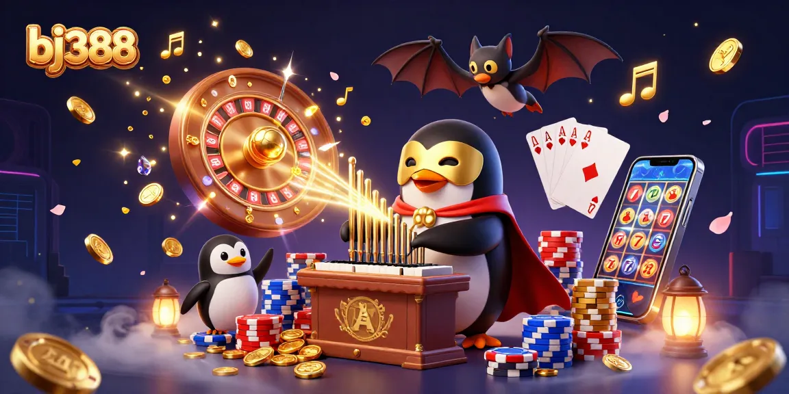 Experience high-stakes gaming with bj388's animated characters, vibrant casino elements, and dynamic action.
