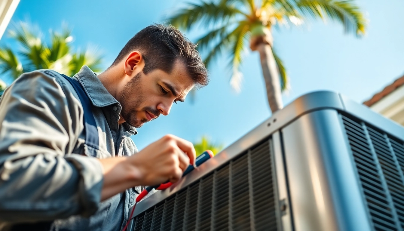 Technician conducting Air Conditioning Repair Tampa in a sunny residential setting.