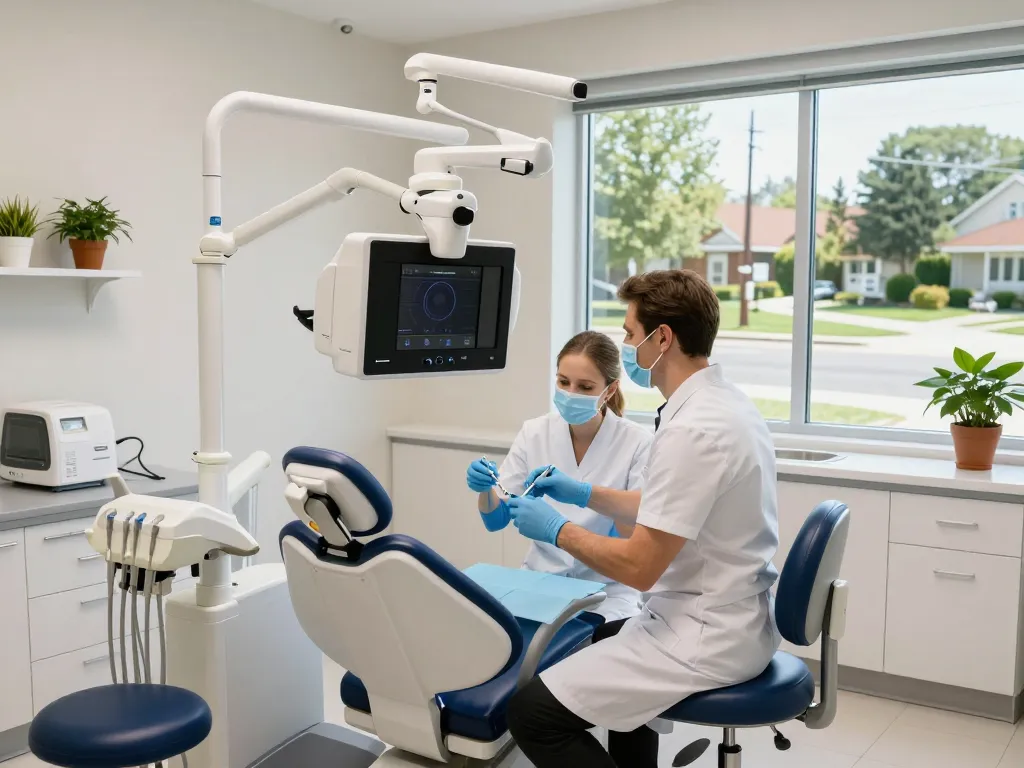 Dental equipment used in a modern dental practice with advanced technology and a professional environment.