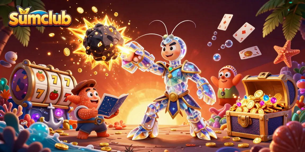 sumclub showcases an exciting scene with a galactic mantis shrimp amid slot reels, delivering golden winnings and thrilling promises.