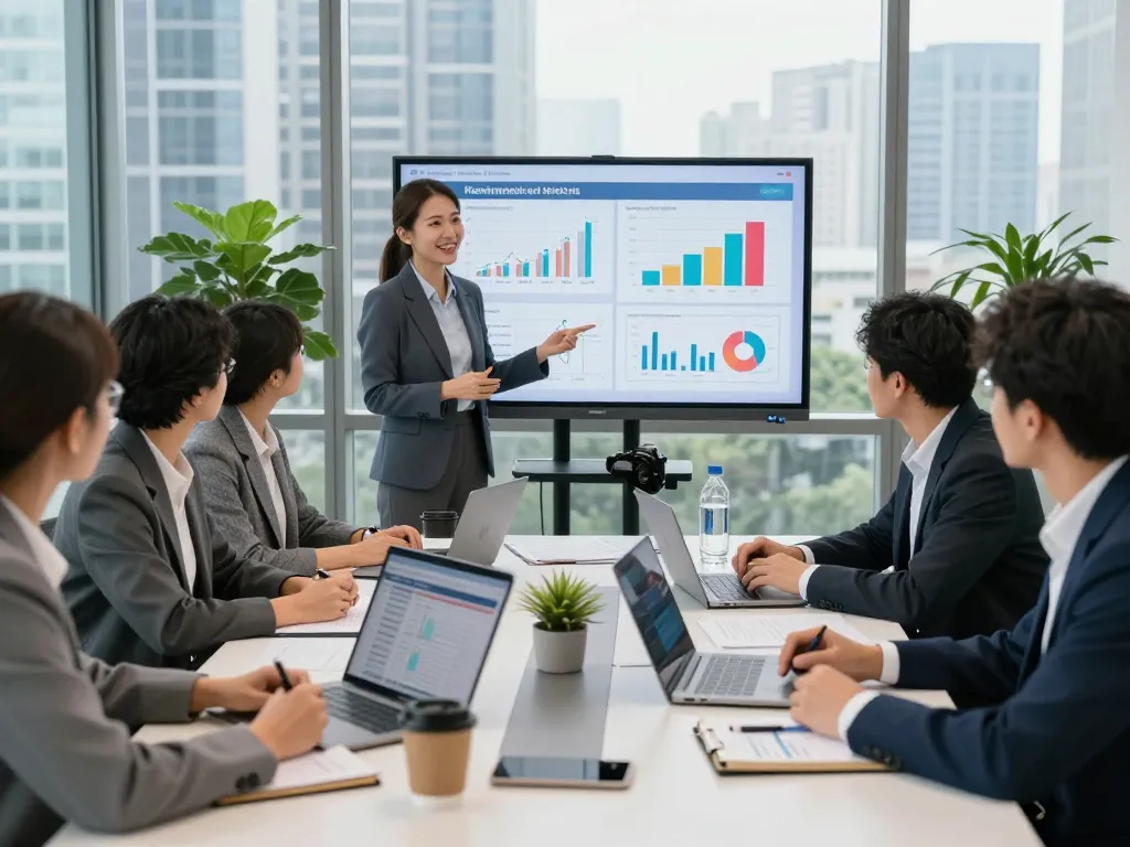 Investment advisors discussing 100% project funding strategies in a vibrant office.