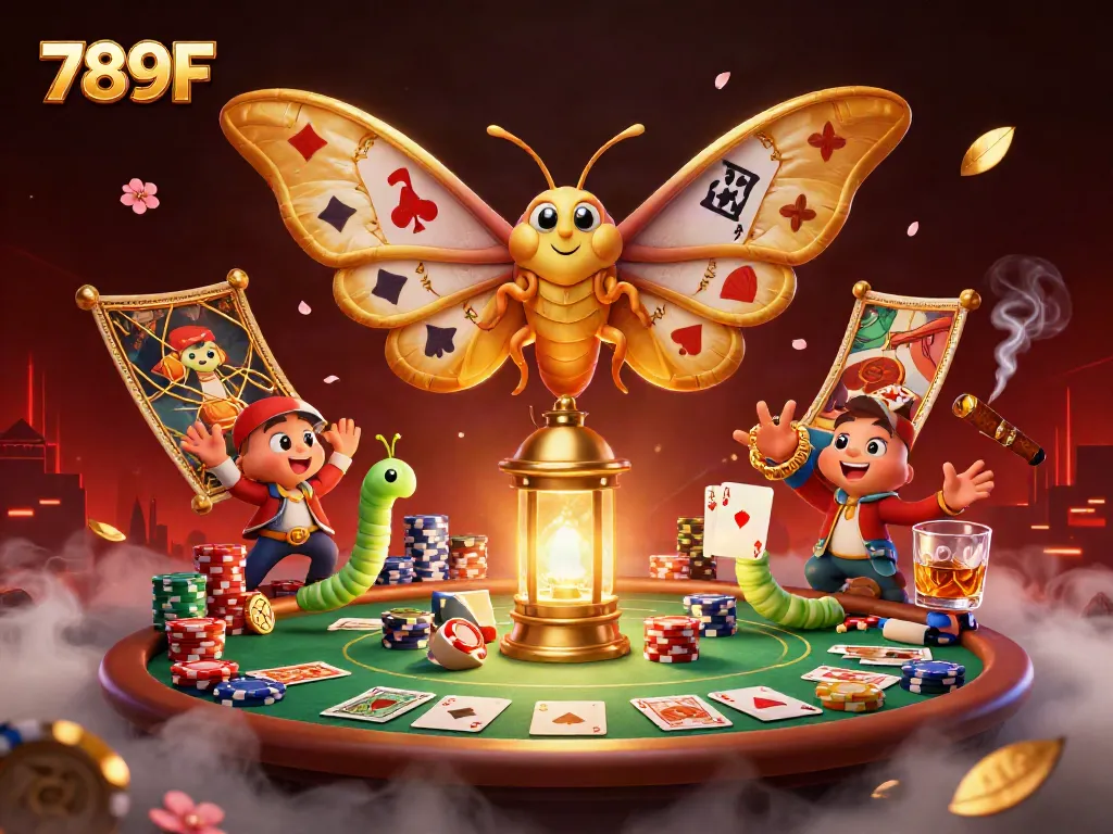 Engage with 789F's vibrant casino atmosphere showcasing a golden-winged moth among golden game elements.
