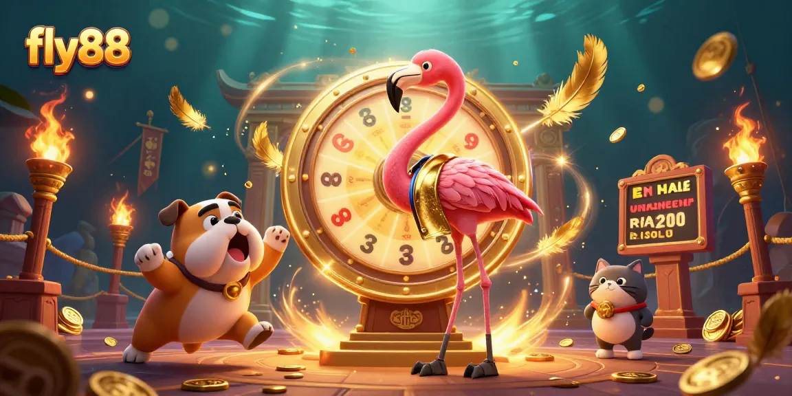 Engage with fly88's vibrant casino scene featuring a flamingo host, bulldog contestant, and winning prizes.