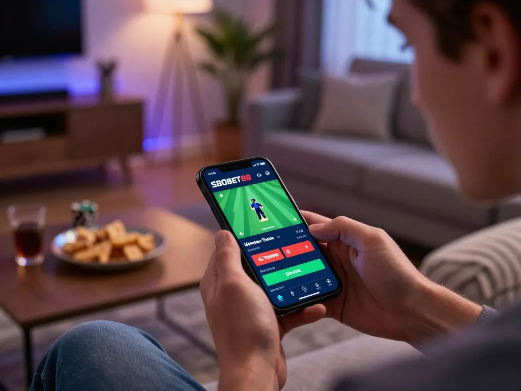 Pengguna SBOBET88 terlibat dengan aplikasi taruhan olahraga di smartphone di pengaturan rumah yang nyaman, menunjukkan permainan strategis.