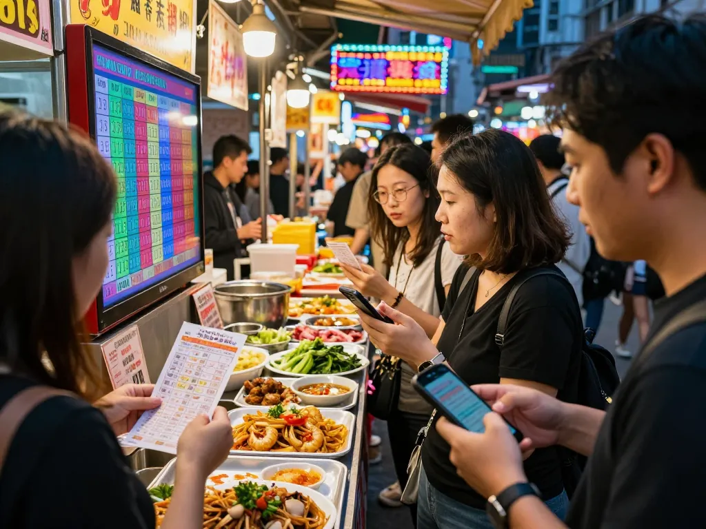 Kegembiraan HK Malam Ini yang ditangkap di pasar malam Hong Kong yang meriah, menampilkan orang-orang yang memeriksa hasil lotere.