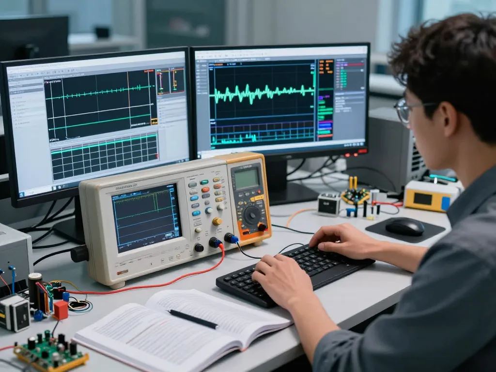 In-depth analysis of digital oscilloscope vs multimeter usage in a modern engineering workspace.