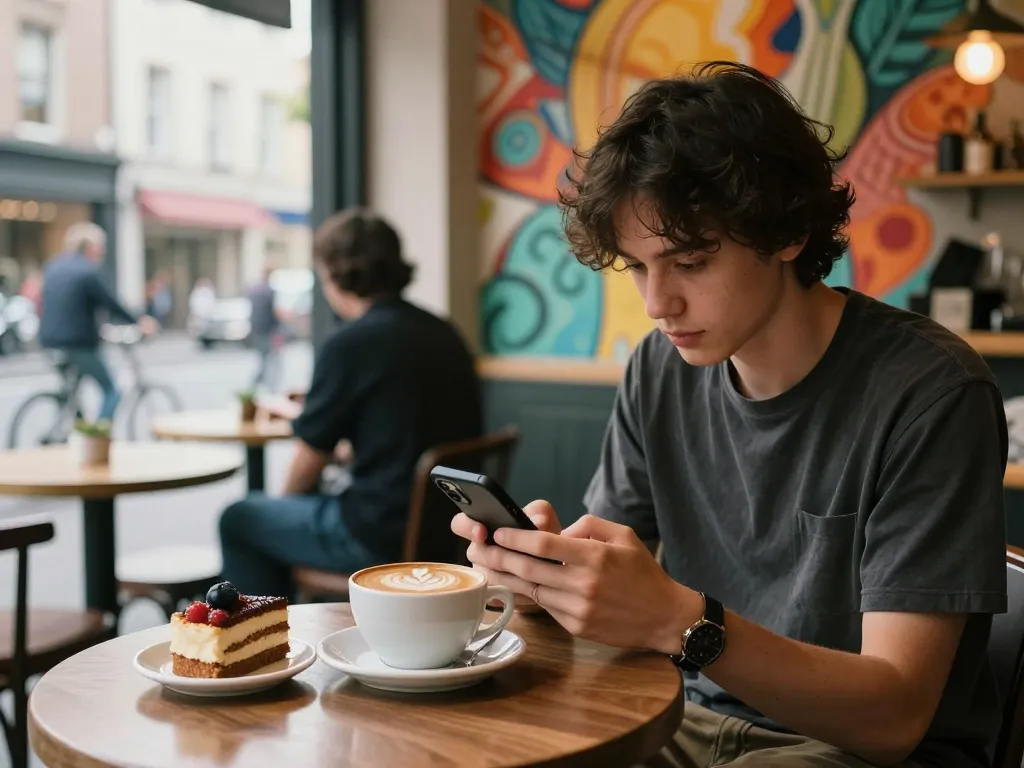 Browsing NSFW content on a smartphone in a vibrant café setting.