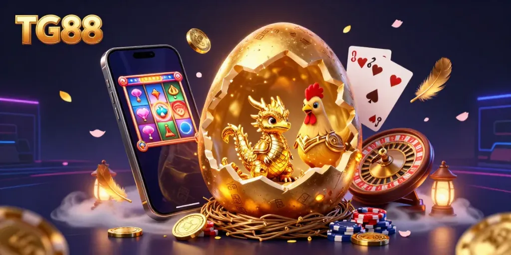 Experience the enchanting TG88 gaming world as a golden dragon emerges, surrounded by thrilling slot components.