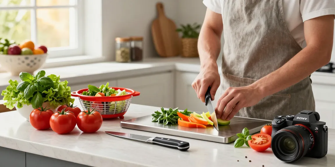 Home cook using titanium cutting boards while preparing fresh vegetables in a bright kitchen.
