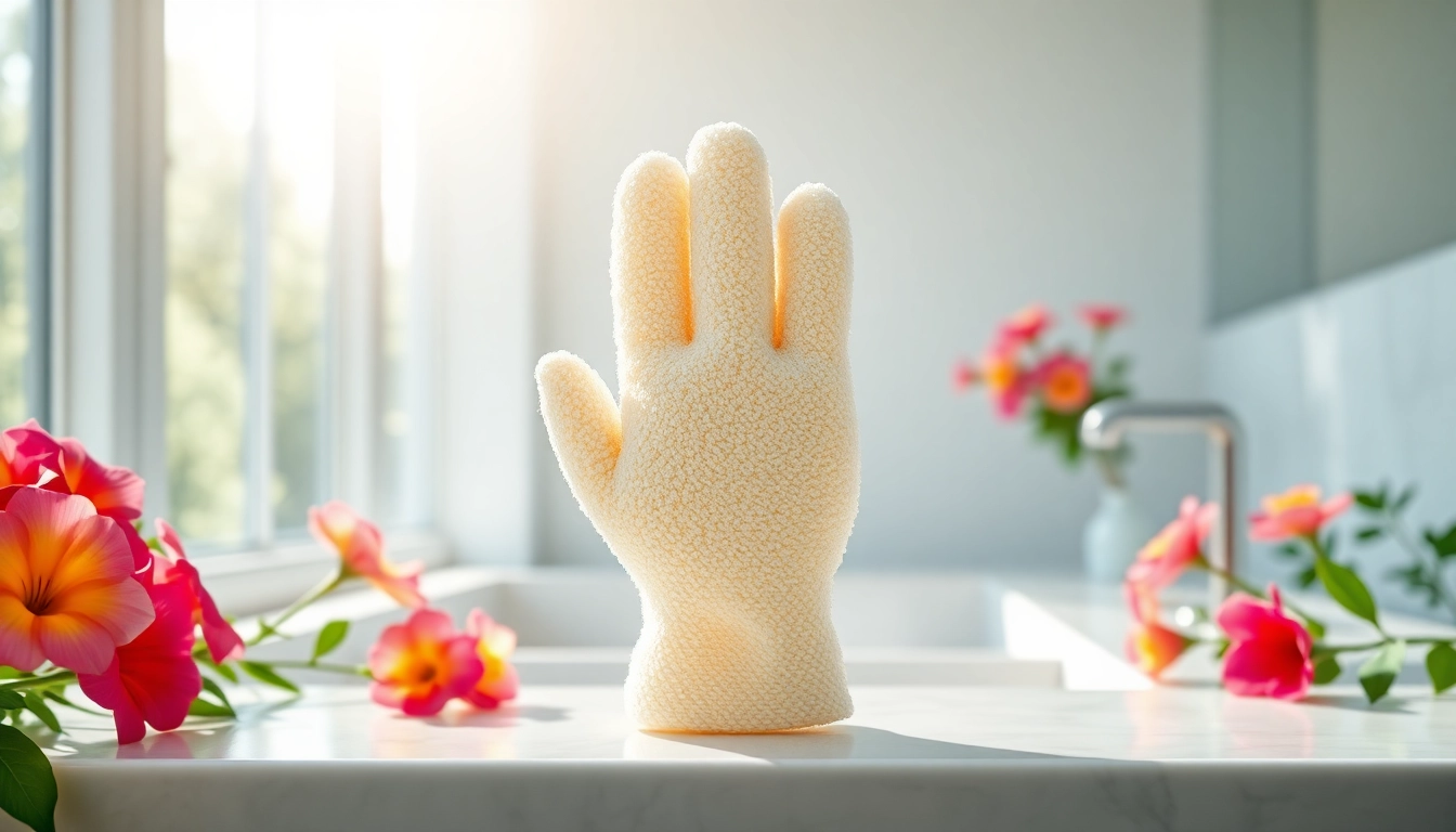 A hand loofah glove emphasizes its texture on a bright bathroom counter surrounded by flowers.