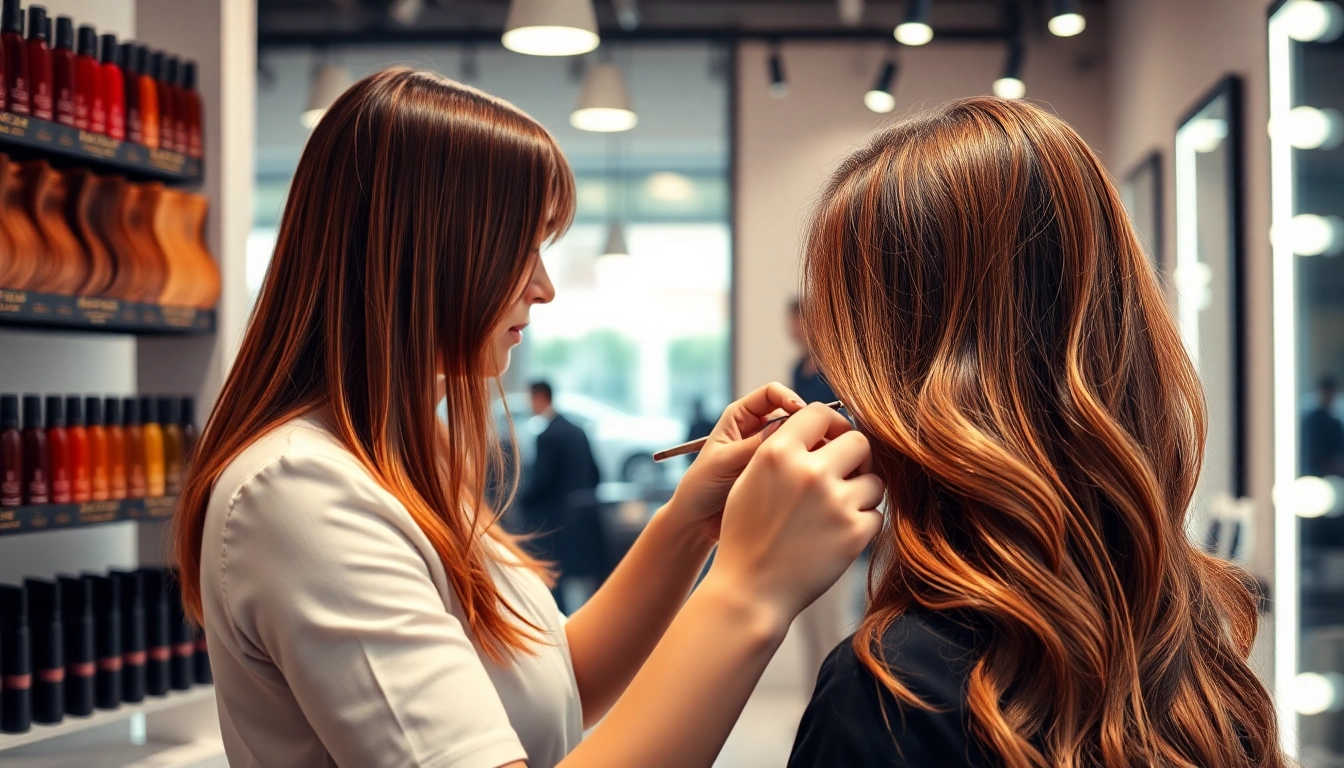 Vibrant hair salon scene illustrating coloração cabelo process with stylist and client.