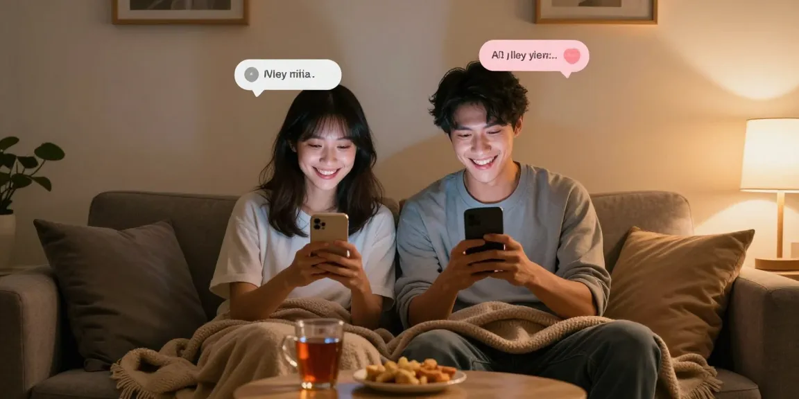 Illustration of a couple enjoying sexting ai interactions on smartphones, showcasing a cozy atmosphere filled with warmth and intimacy.
