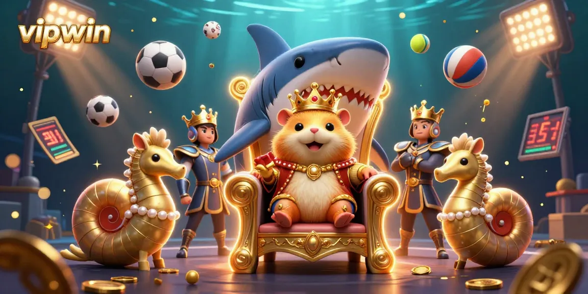 Experience thrilling gameplay at vipwin, featuring a dynamic underwater scene with a hamster king among sports elements.