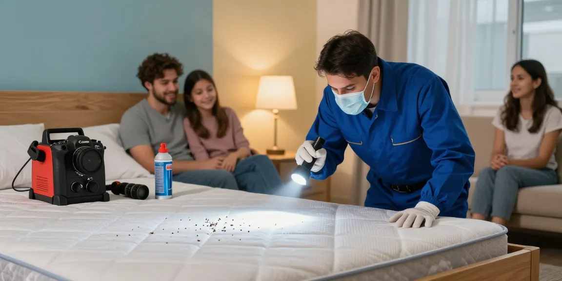 Bed bug exterminators inspecting a bedroom for treatment with professional equipment and caring attitude.