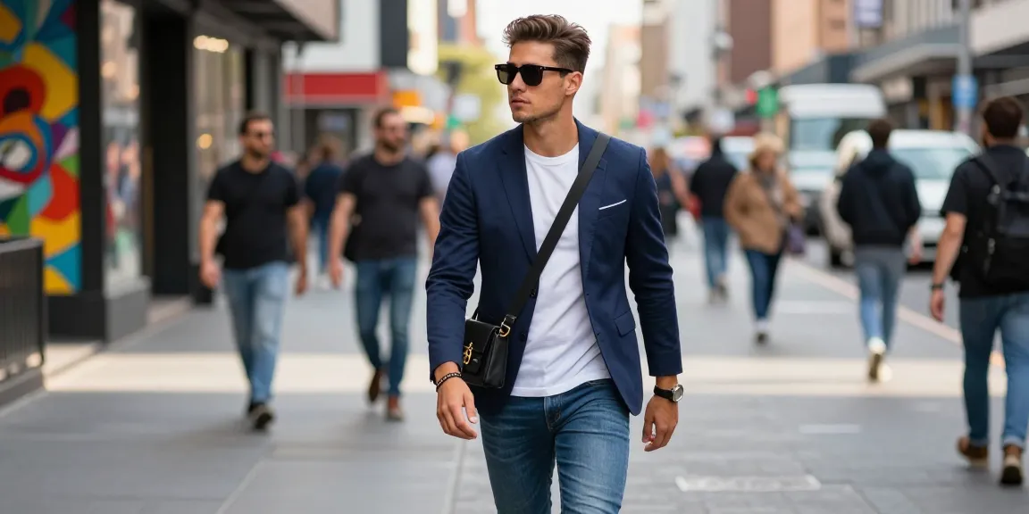 Stylish man's fashion outfit in urban setting with tailored blazer and trendy accessories.