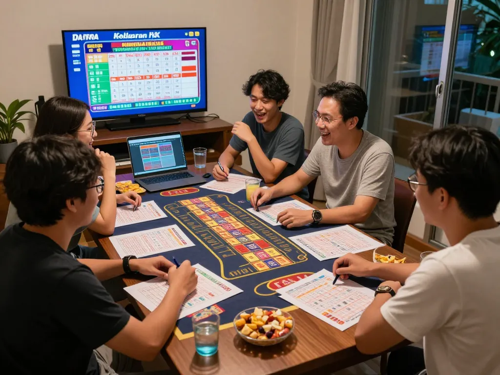 Teman-teman menikmati malam Togel Hongkong Lotto sambil memeriksa pembaruan HK Malam Ini dalam suasana rumah yang meriah.
