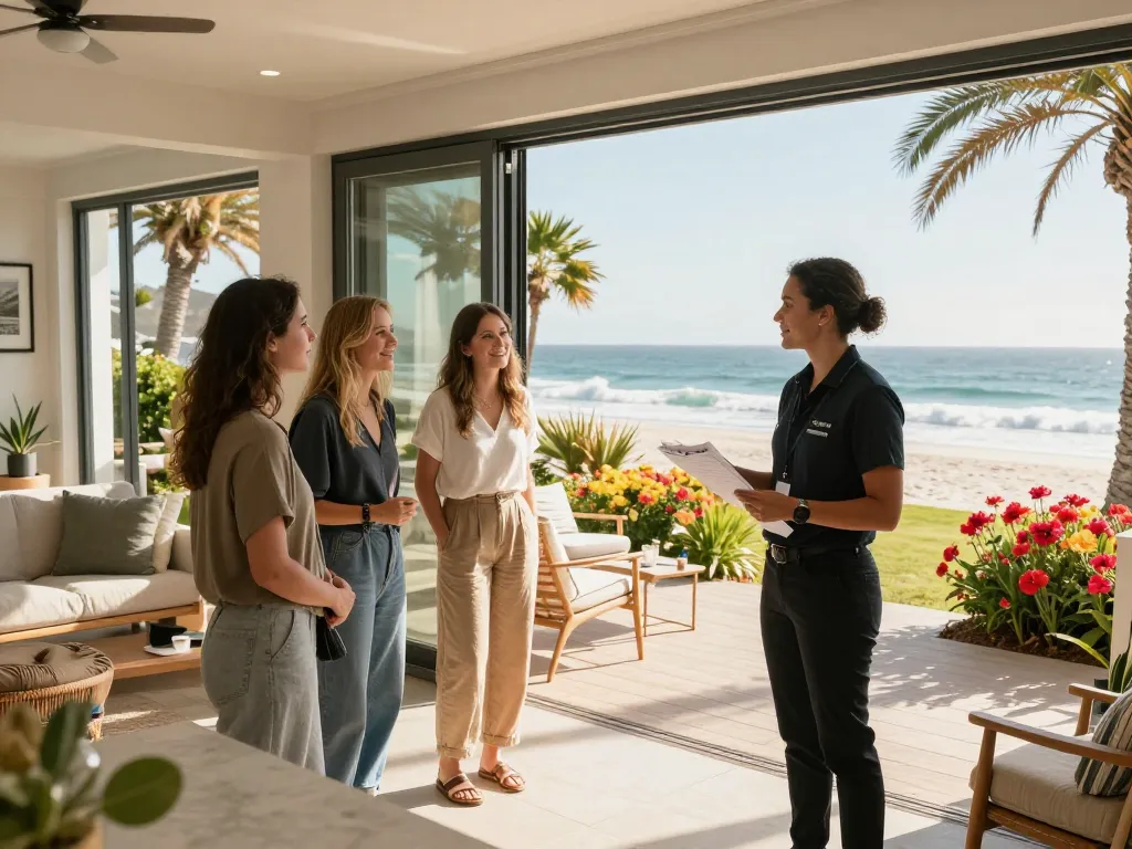 airbnb management cape town, professional manager showcasing a beachside rental property with guests.