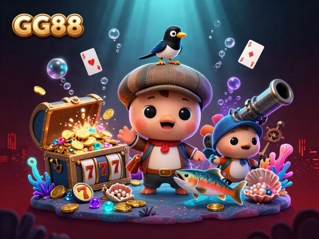 Engage with GG88 through vibrant casino-themed digital art featuring playful characters and exciting game elements.