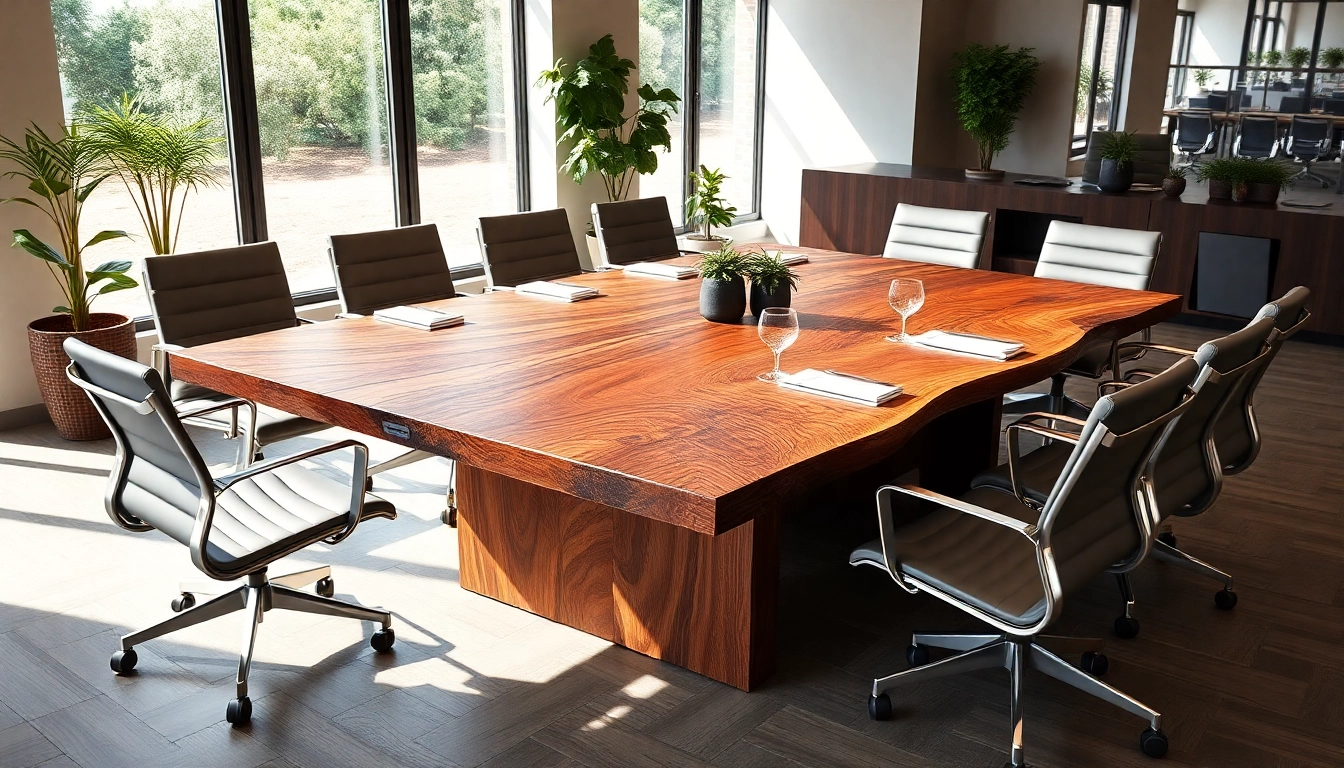 Custom conference table showcasing solid hardwood craftsmanship in a modern office setting.