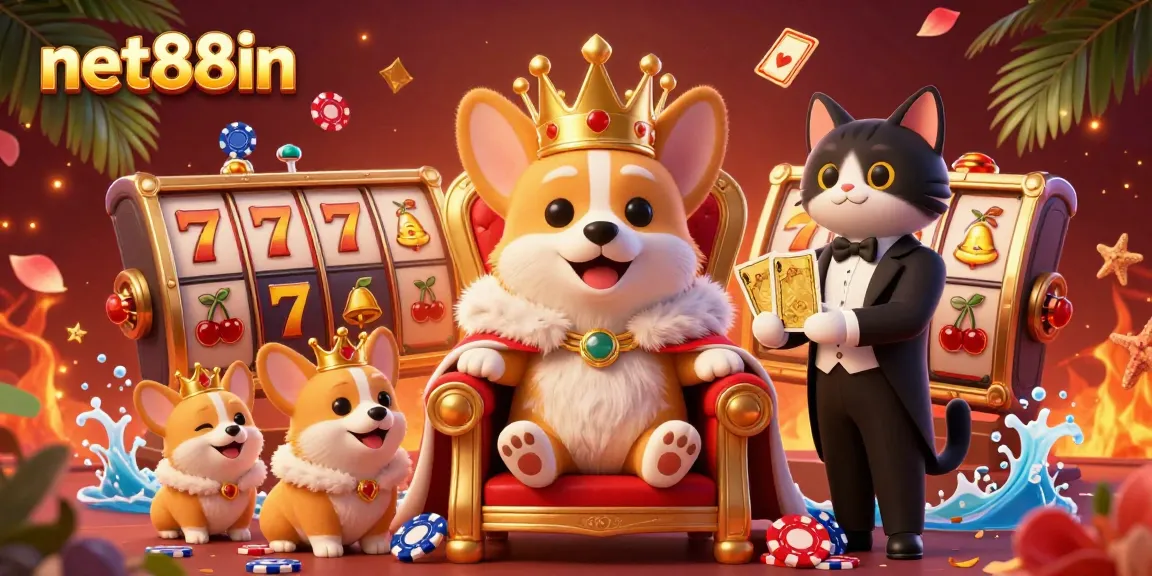 Experience net88in with a vibrant 3D scene featuring a corgi king and gaming elements showcasing excitement.