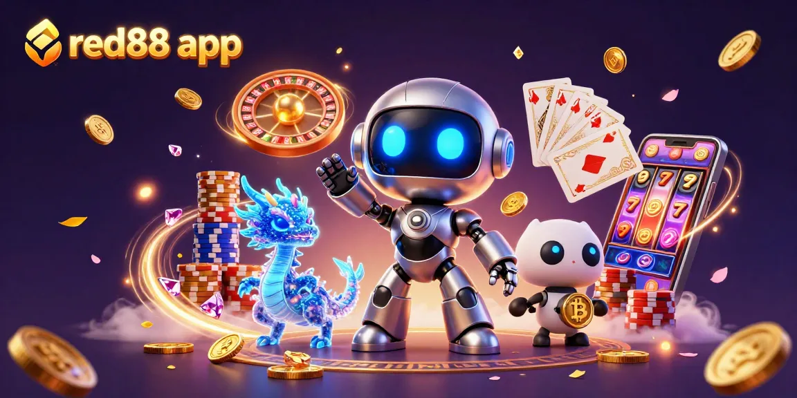 Experience the thrilling red88 app with a lively 3D casino illustration showcasing vibrant characters and immersive game elements.