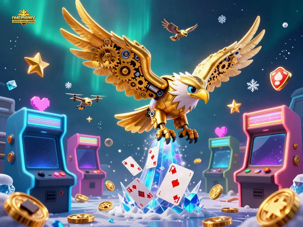 Dive into real money online casino games with a cybernetic golden eagle amidst holographic cards and vibrant arcade themes.