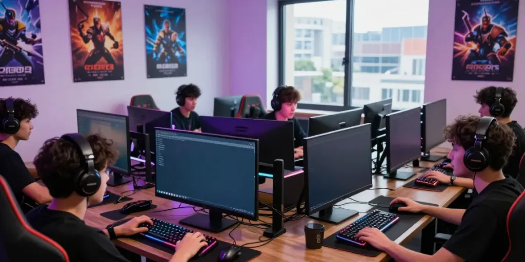 Engaged players at ROKOK88 login, showcasing vibrant gaming setups and a lively atmosphere.