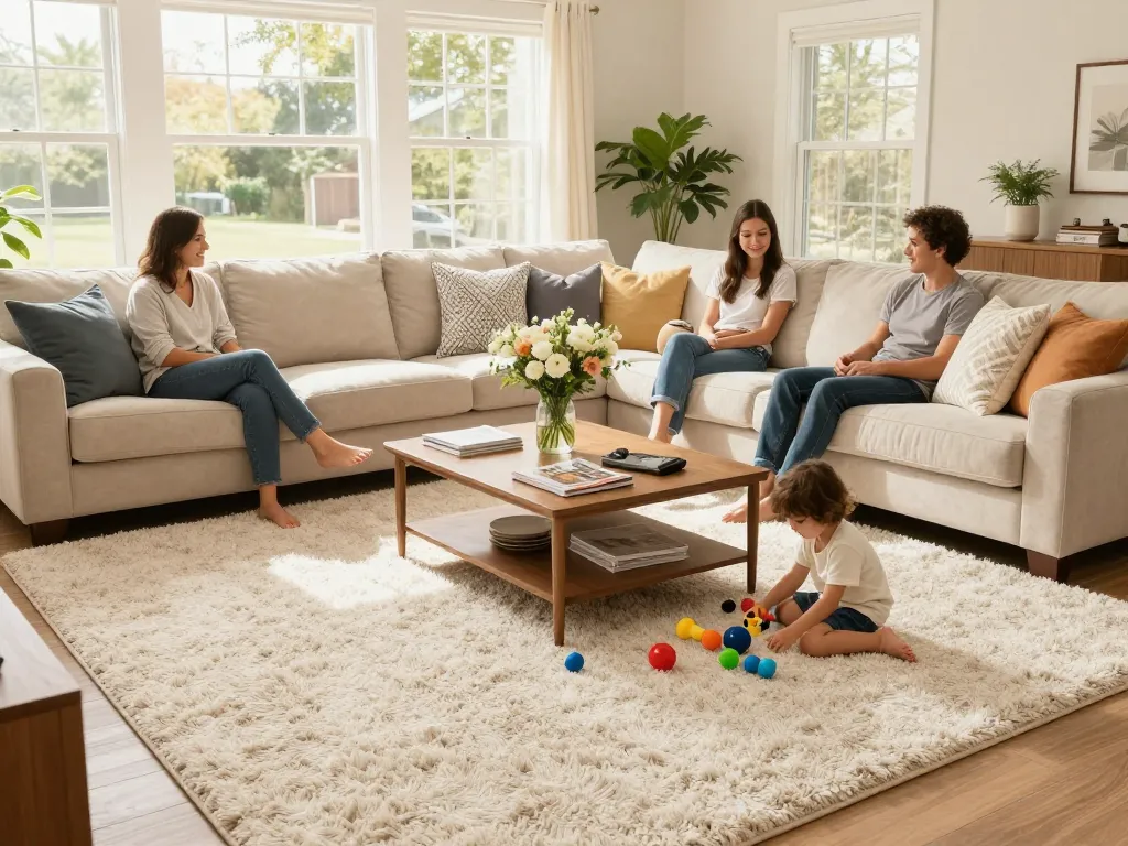 Residential carpet installation in a cozy living room with family enjoying their new plush carpet.
