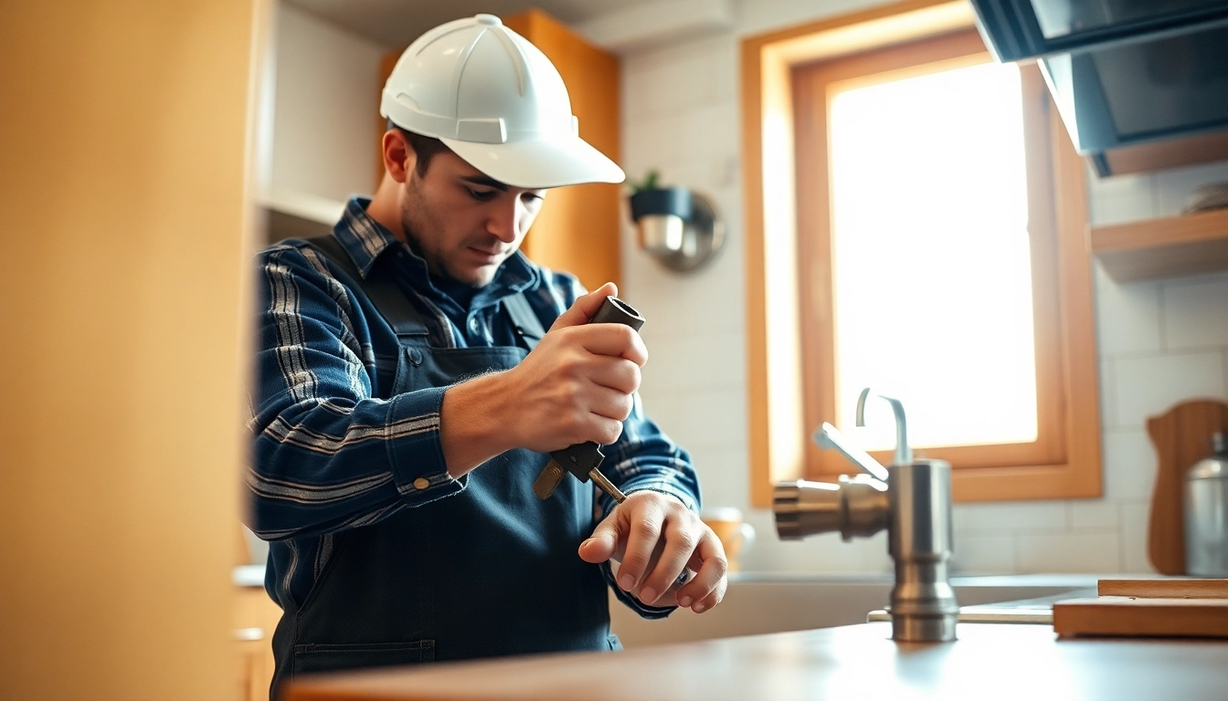 Find a plumber near me actively repairing pipes in a warm kitchen environment.